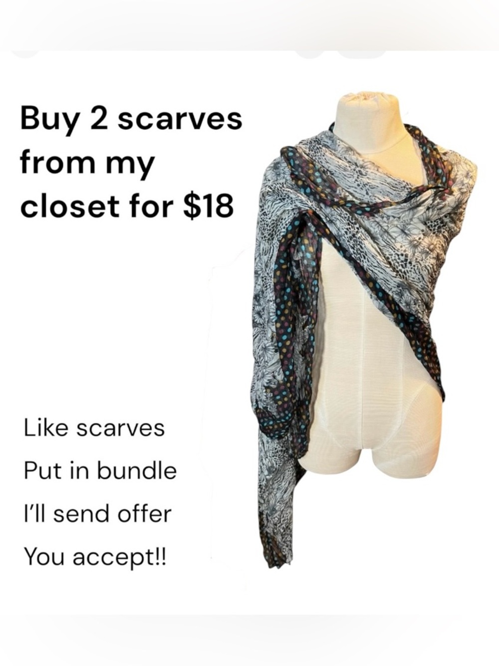Lightweight Black & White Floral Scarf with Multicolor Dot Trim